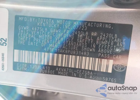 2023 Toyota Camry Xle z USA, uszkodzony, nr VIN 4T1F11AK8PU831483